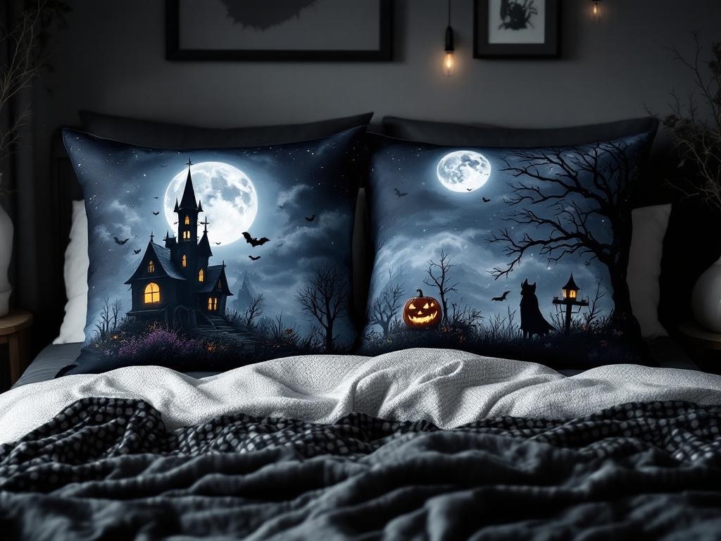 Two Halloween-themed pillows featuring a haunted house and a cat with a pumpkin under a full moon.