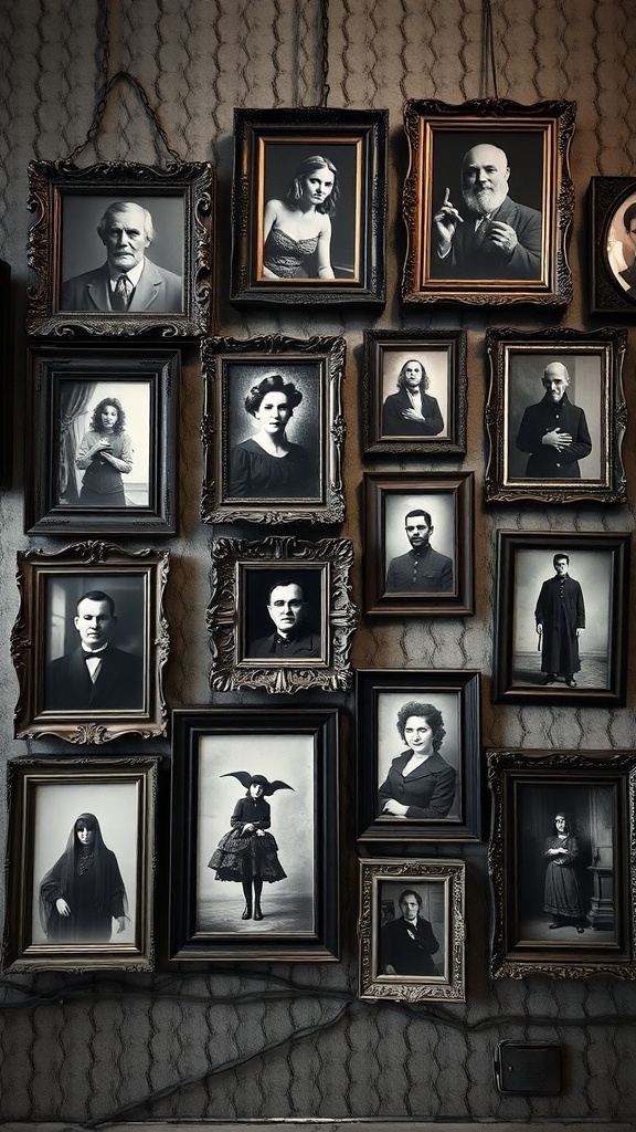 A wall filled with vintage black and white photographs in ornate frames, showcasing various individuals in historical attire.