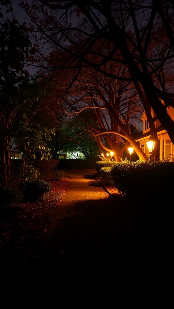 A dimly lit path with trees and warm outdoor lights, creating a spooky atmosphere for Halloween.