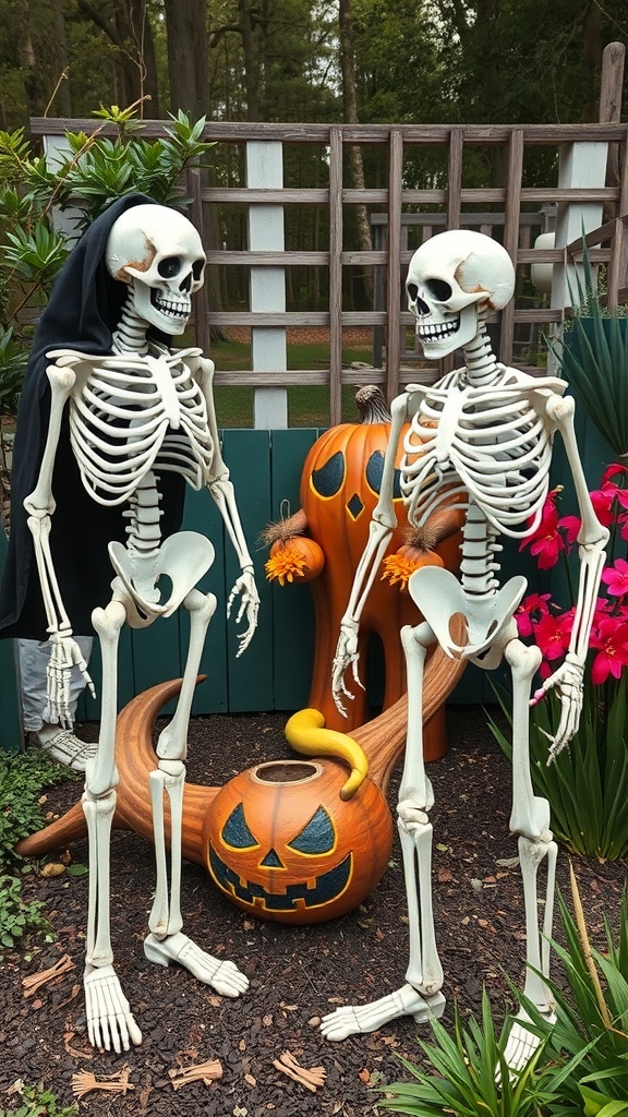 Two skeletons in costumes standing next to pumpkins and flowers in an outdoor Halloween decor setting.