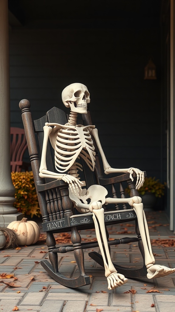 A skeleton sitting in a rocking chair on a front porch, surrounded by pumpkins and autumn decor.
