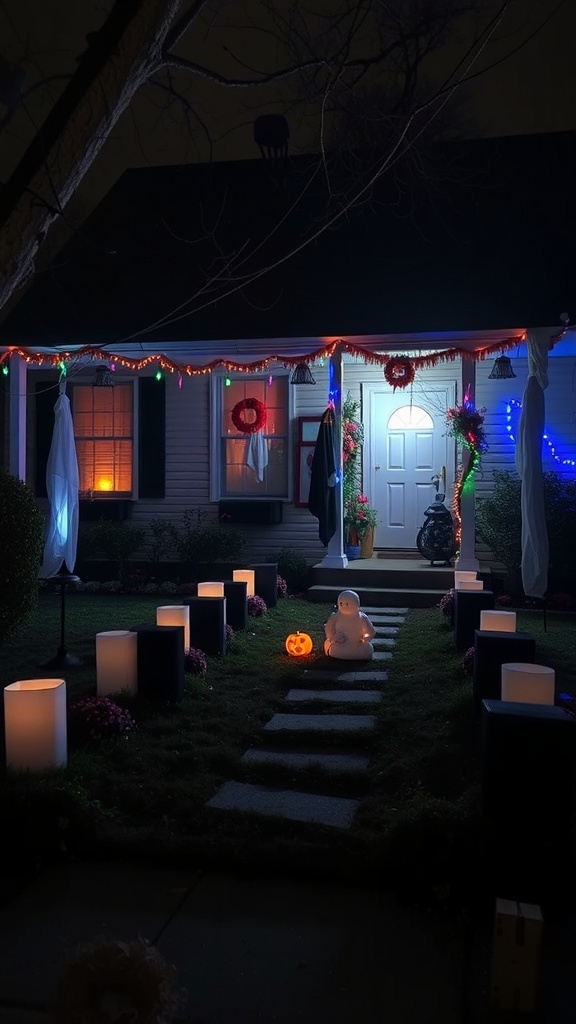 A decorated front yard for Halloween with lights, pumpkins, and eerie decorations.