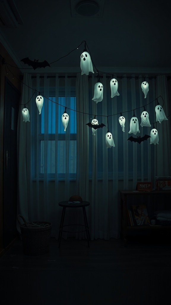 String lights shaped like ghosts and bats hanging in a dimly lit room