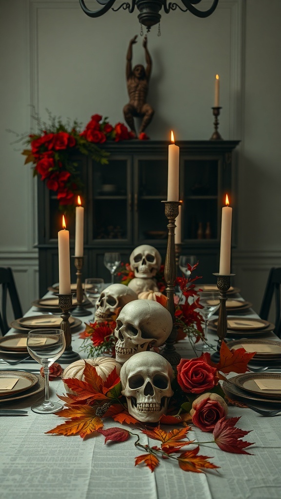 A Halloween table centerpiece featuring skulls, candles, roses, and autumn leaves.