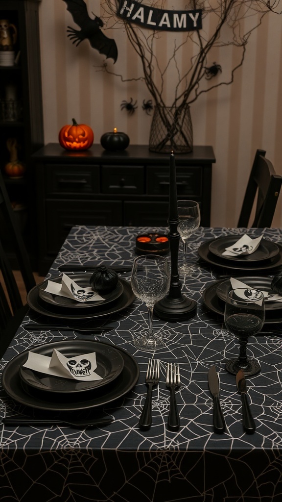 A Halloween-themed table setting with a spiderweb tablecloth, black plates, skull napkins, and decorative pumpkins.