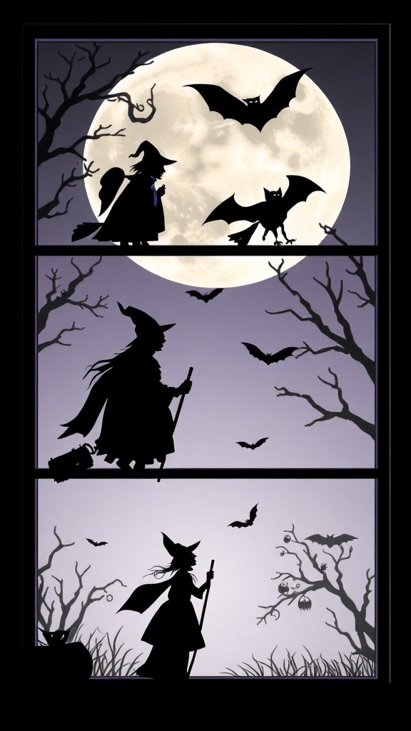 Silhouettes of witches and bats against a full moon background