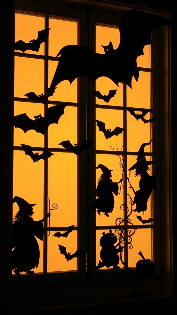 Window decorated with Halloween silhouettes of bats and witches against an orange background