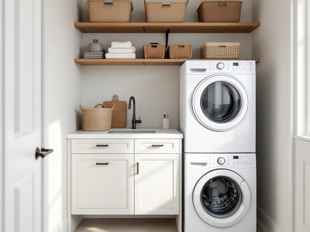 A small laundry room featuring stacked washer and dryer, countertop, and open shelves with baskets.