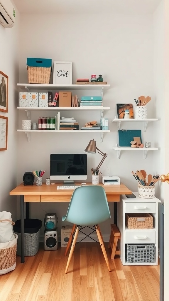 A cozy corner workstation featuring a desk, computer, and organized shelves with craft supplies.