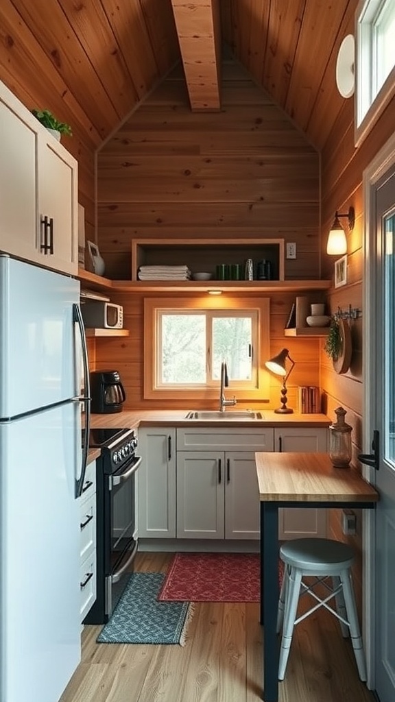 Interior of a small cabin kitchen with wooden accents and compact appliances.