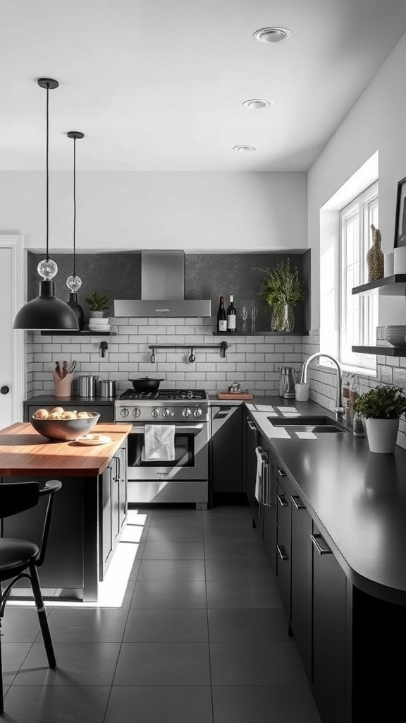 Black and white farmhouse kitchen with modern appliances and open layout.