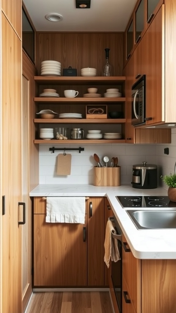 A small, efficient farmhouse kitchen with modern appliances and natural light.
