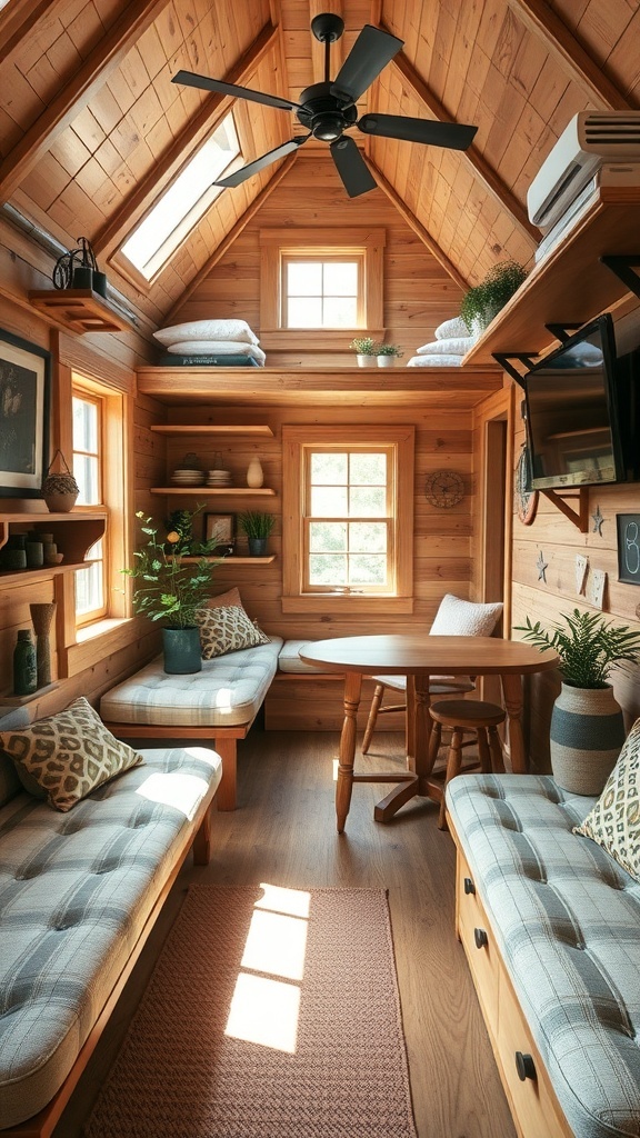 Interior of a rustic tiny house with wooden walls, cozy seating, and a small table.