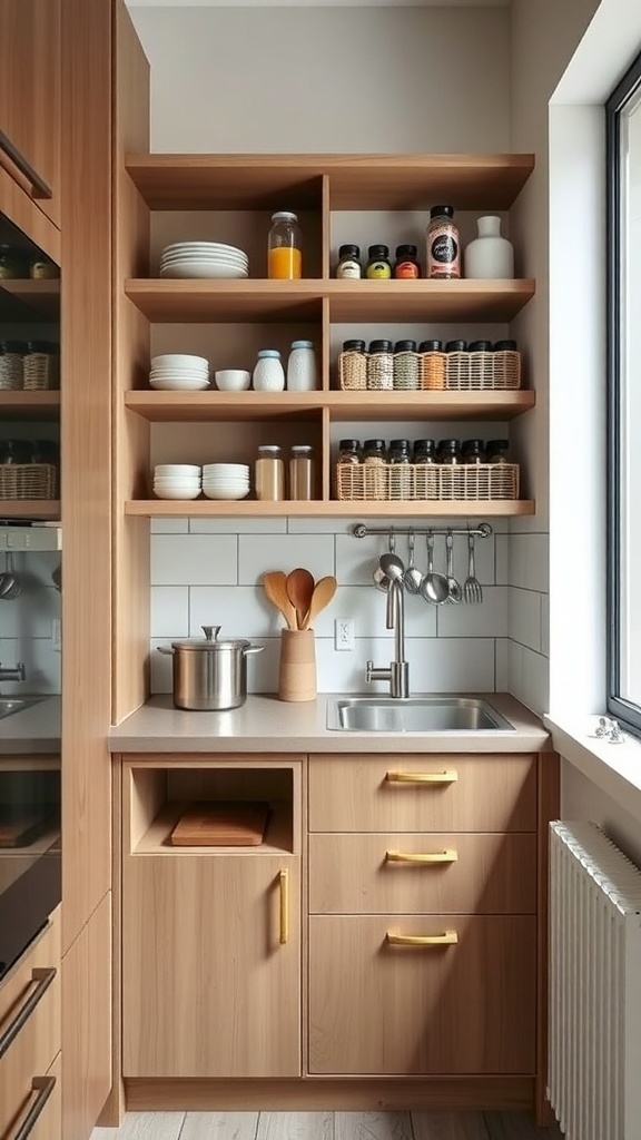 A small kitchen with open shelves displaying plates, jars, and spices, featuring a modern sink and wooden cabinets.