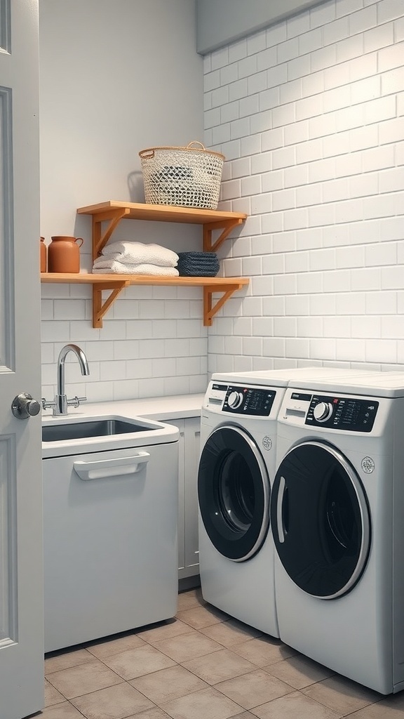 A modern laundry room featuring a washer, dryer, utility sink, and open shelving with neatly arranged towels and baskets.