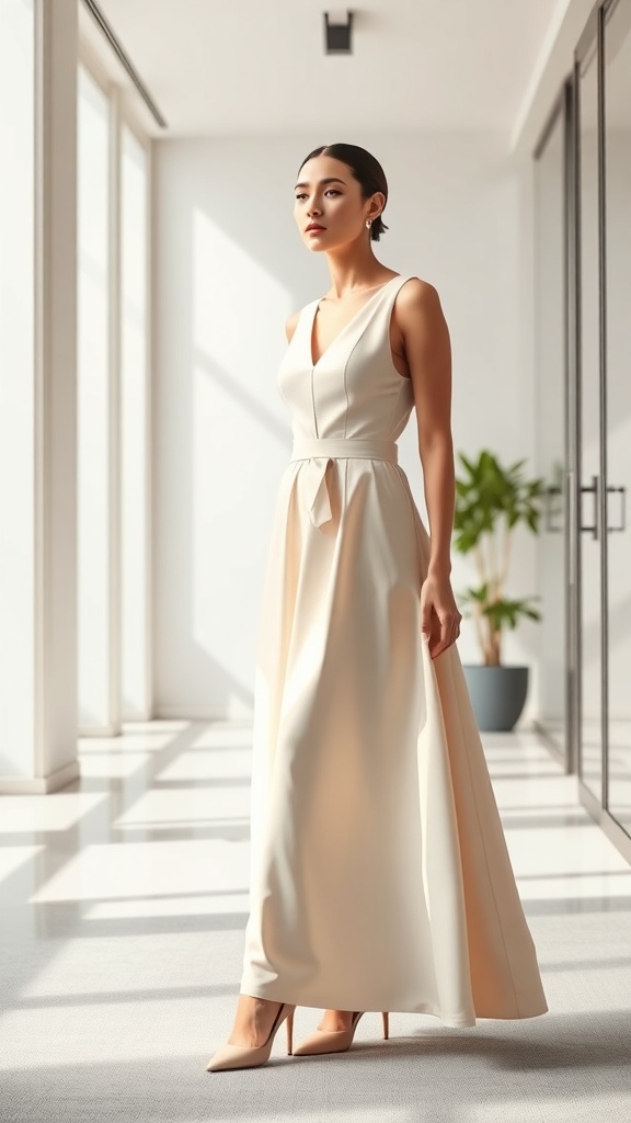 A woman in a light-colored A-line dress standing in a bright, modern office space.