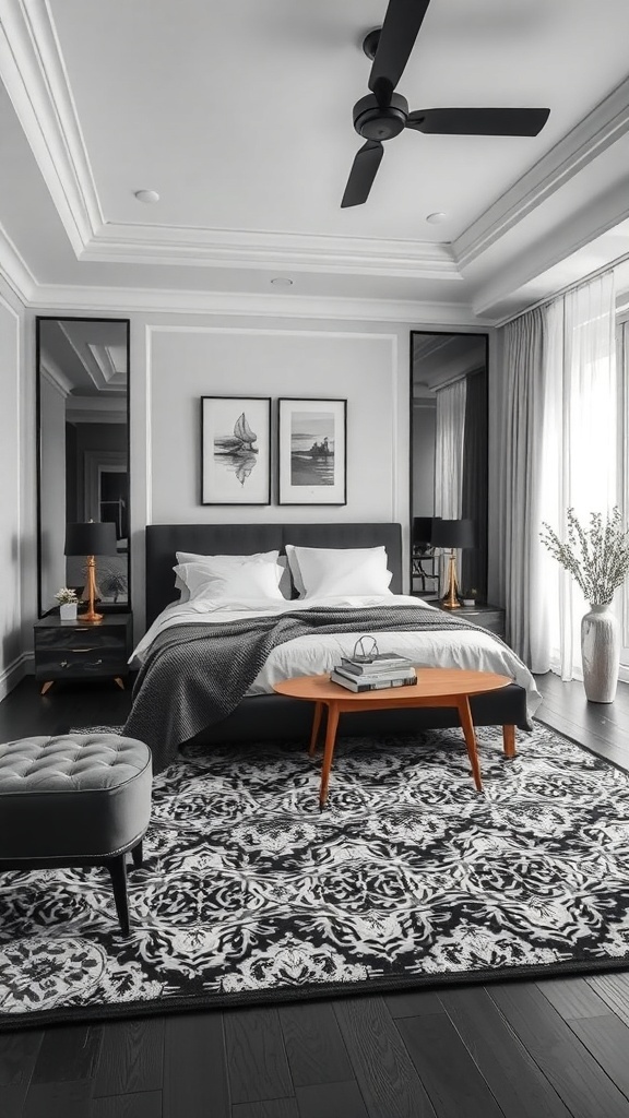 A luxurious black and white bedroom featuring an elegant area rug.