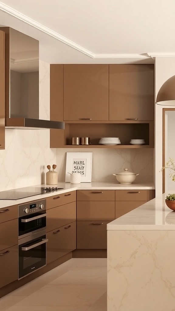 A modern kitchen featuring a beige and brown color palette with sleek cabinets and countertops.