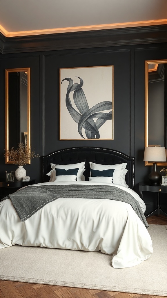 A stylish black and cream bedroom featuring dark walls, light bedding, and gold accents.