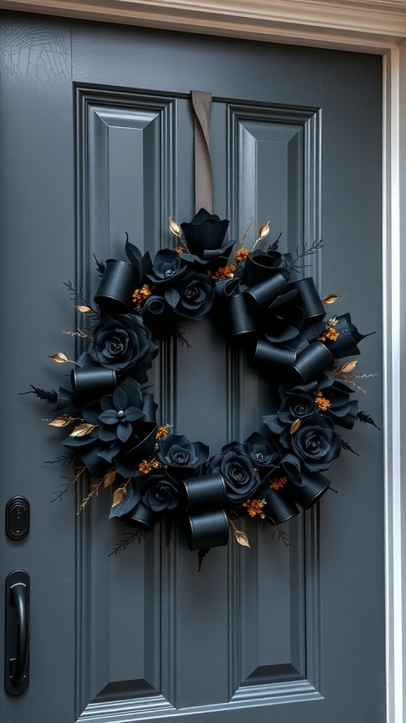 A black and gold Halloween wreath with roses and ribbons, hanging on a door.