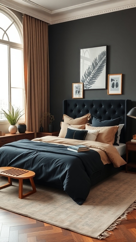A stylish bedroom featuring a black and tan color palette with elegant decor.