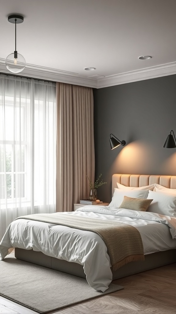 A stylish black aesthetic bedroom featuring elegant lighting fixtures.