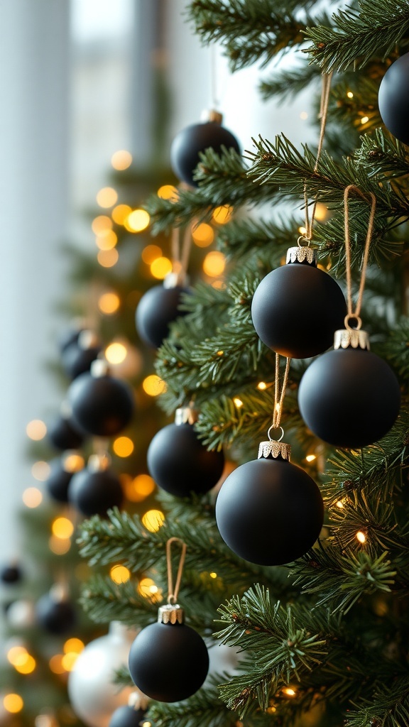 Black Christmas ornaments hanging on a tree with warm lights.