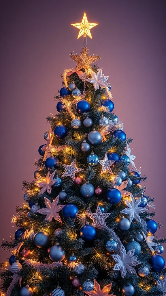 A beautifully decorated Christmas tree with blue and silver ornaments, featuring a star on top and twinkling lights.