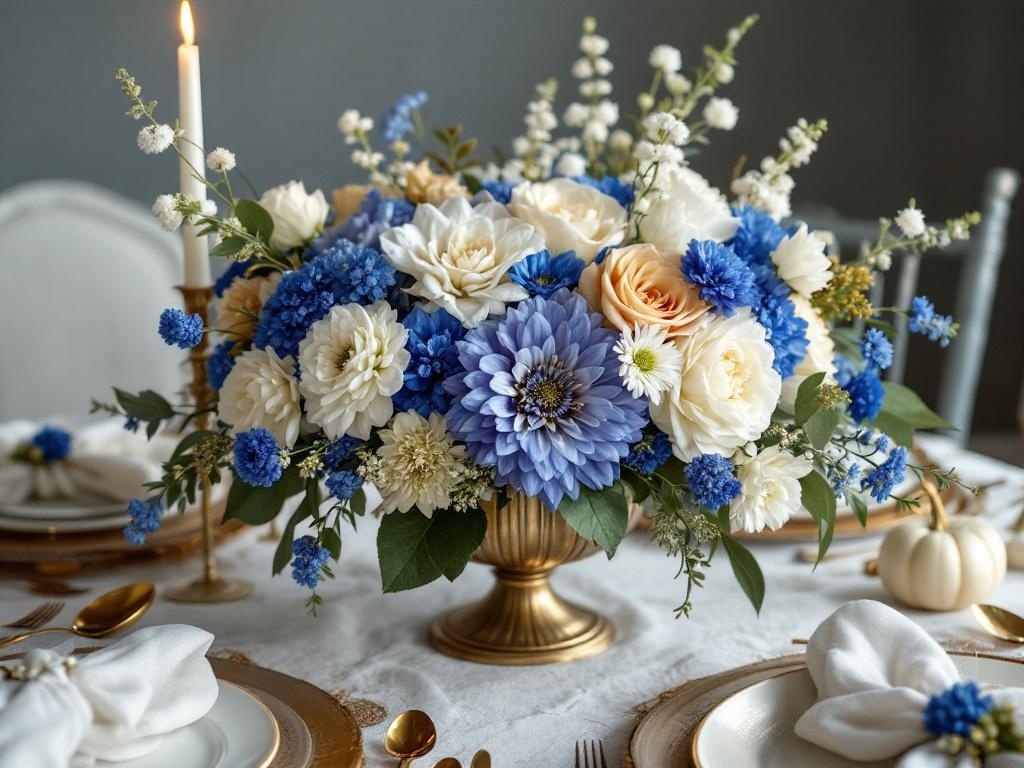 A beautiful Thanksgiving table decor featuring a blue floral centerpiece in a golden vase, surrounded by elegant table settings.