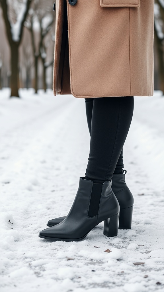 A close-up of stylish black ankle boots worn with black pants and a beige coat, set against a snowy background.