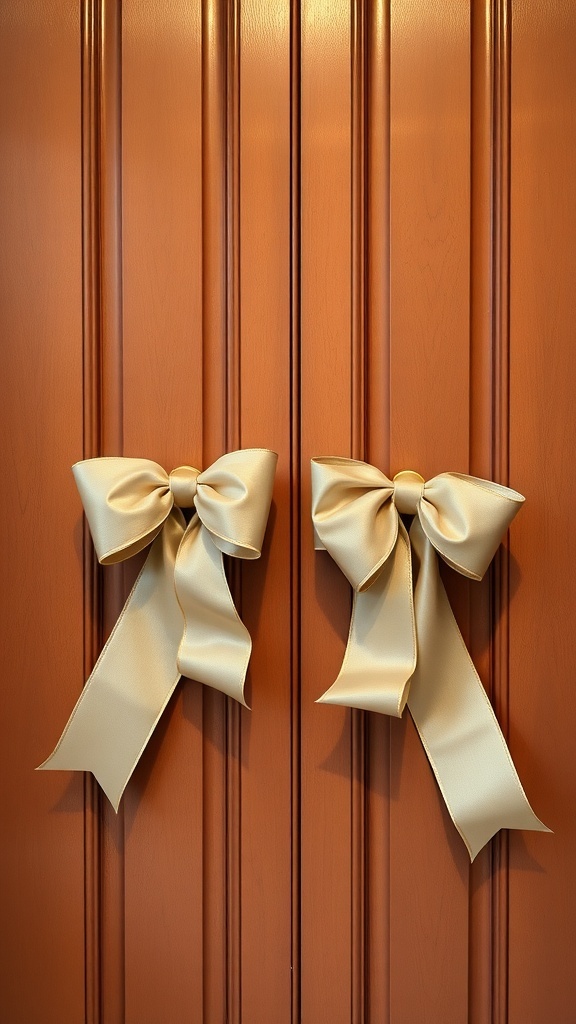 Two elegant bows on door handles of a wooden door