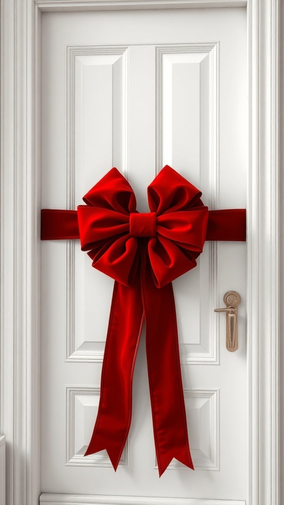 A white door adorned with a large red bow and ribbon.