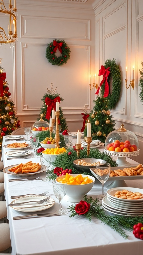 A beautifully arranged buffet-style Christmas dinner table with fruits, pastries, and festive decorations.