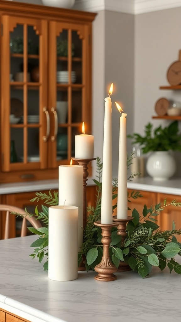 A beautiful candle arrangement on a kitchen island with greenery.
