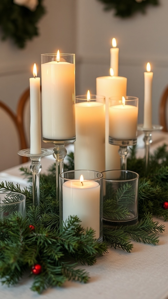 A beautiful candle arrangement with various heights surrounded by greenery and red berries.