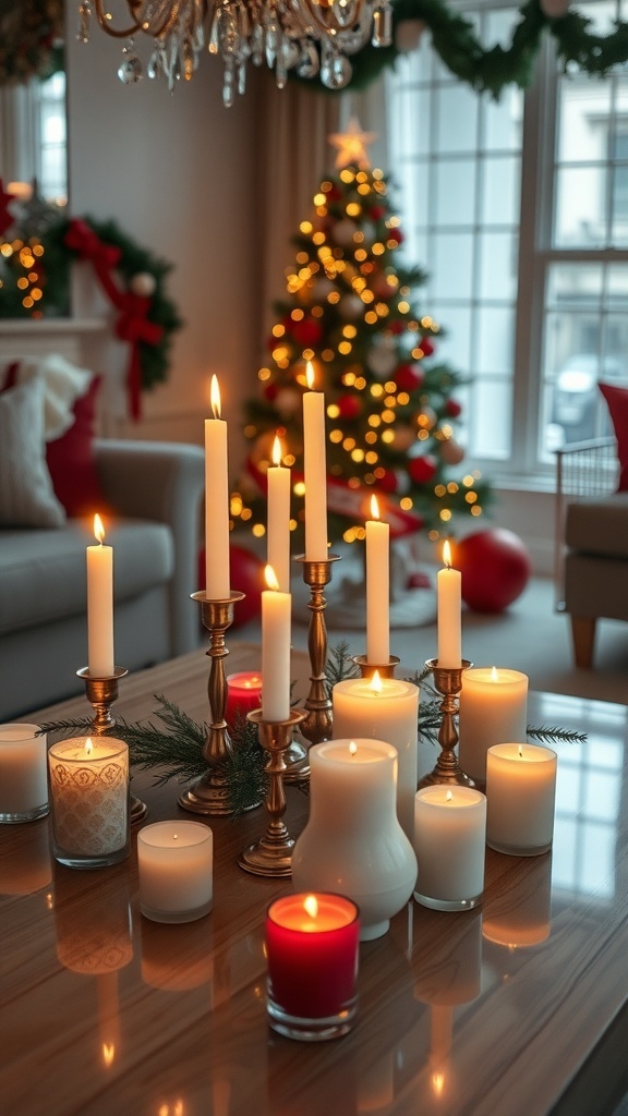 A cozy coffee table decorated with various candles and festive decor for Christmas.
