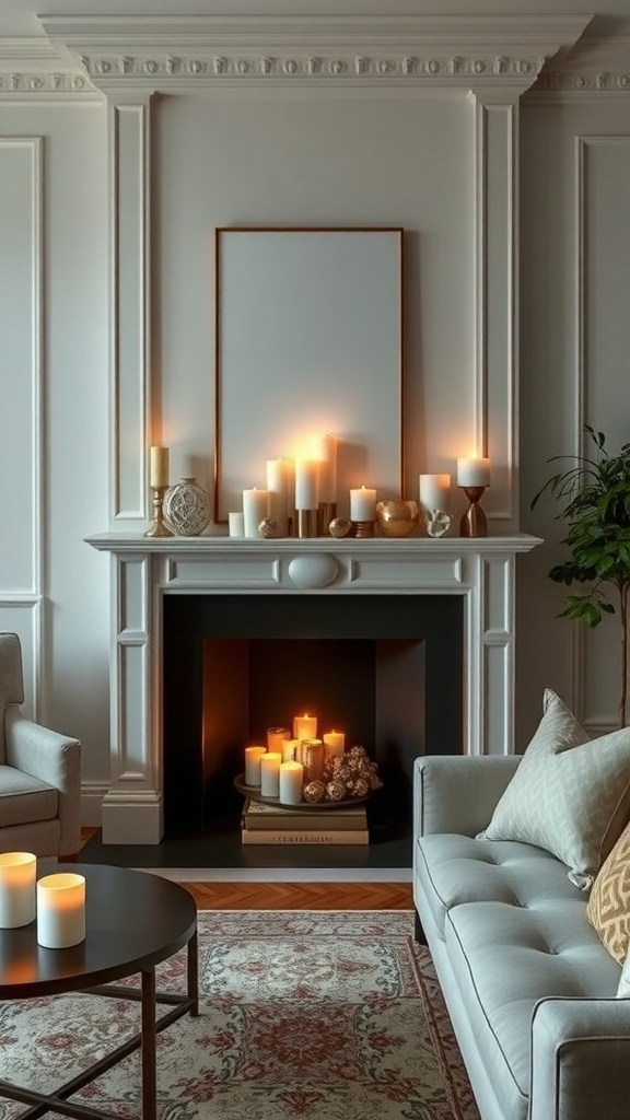 A cozy living room with a fireplace adorned with various candles, creating a warm atmosphere.