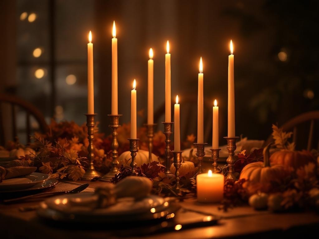 A beautifully arranged Thanksgiving table with tall candles, autumn leaves, and pumpkins.
