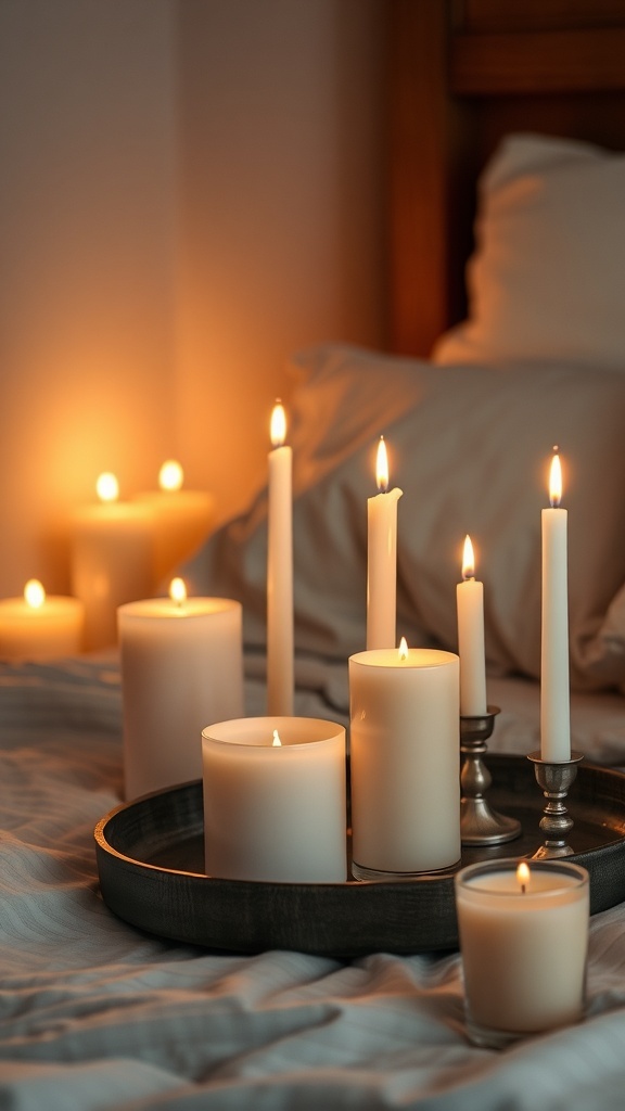 A cozy arrangement of white candles on a tray in a softly lit bedroom.