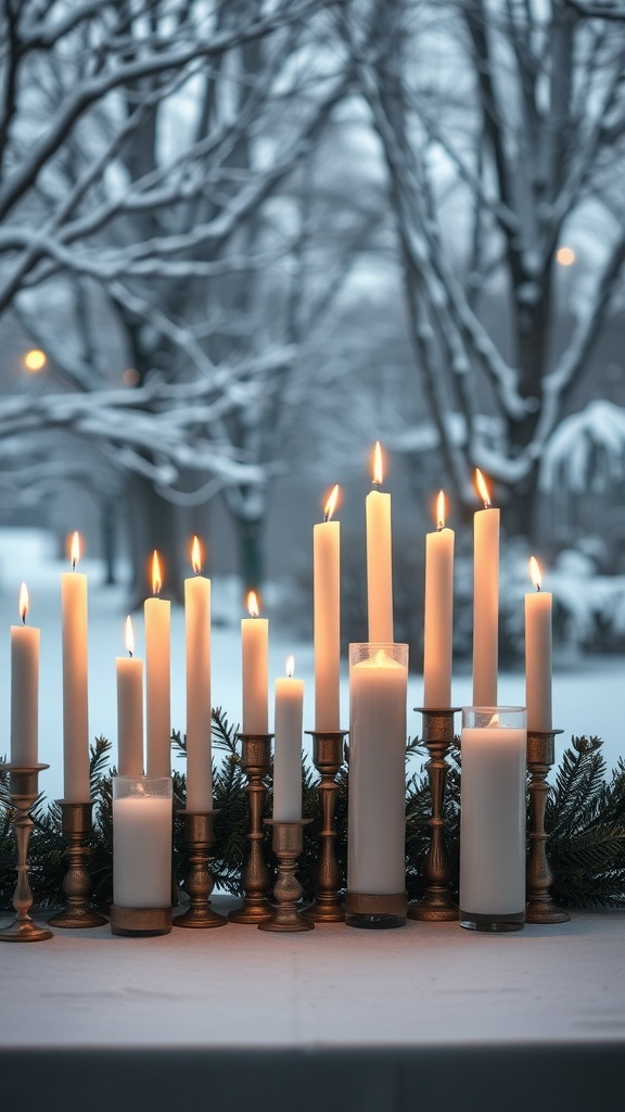 A beautiful arrangement of white candles in various heights, surrounded by greenery, set against a snowy backdrop.