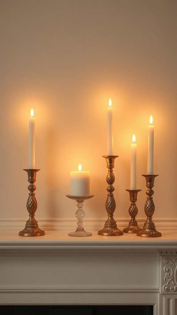 A decorative arrangement of candles on a fireplace mantle.