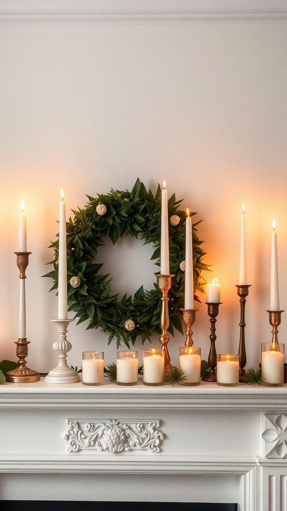 A beautifully arranged mantle with candles of varying heights and a green wreath.