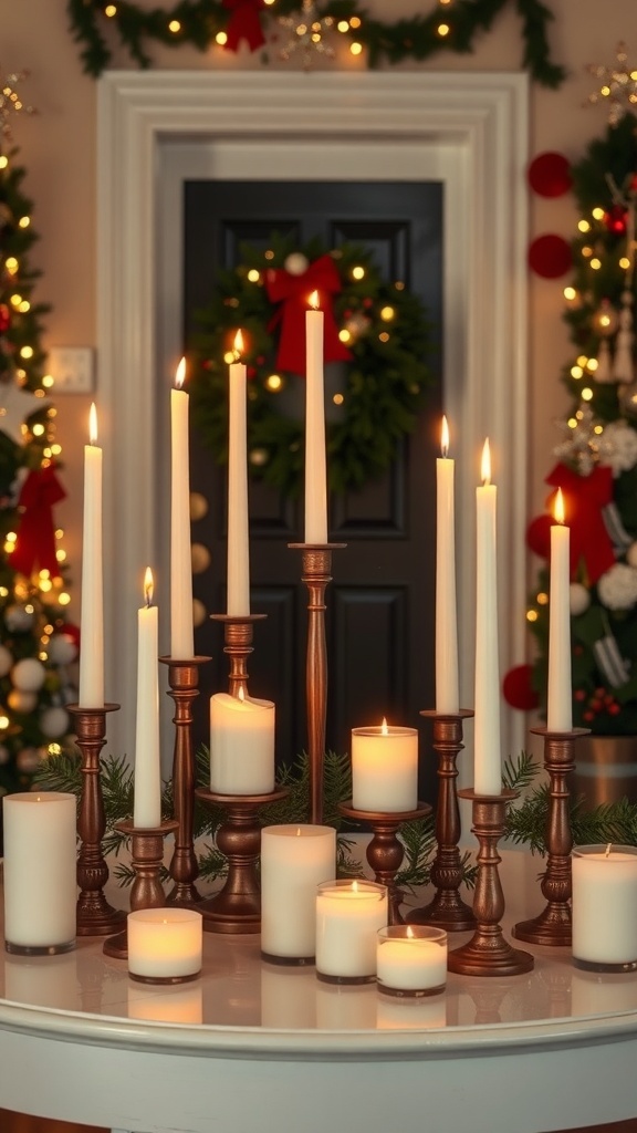 A beautiful candle display with various candles on a table, surrounded by Christmas decorations.