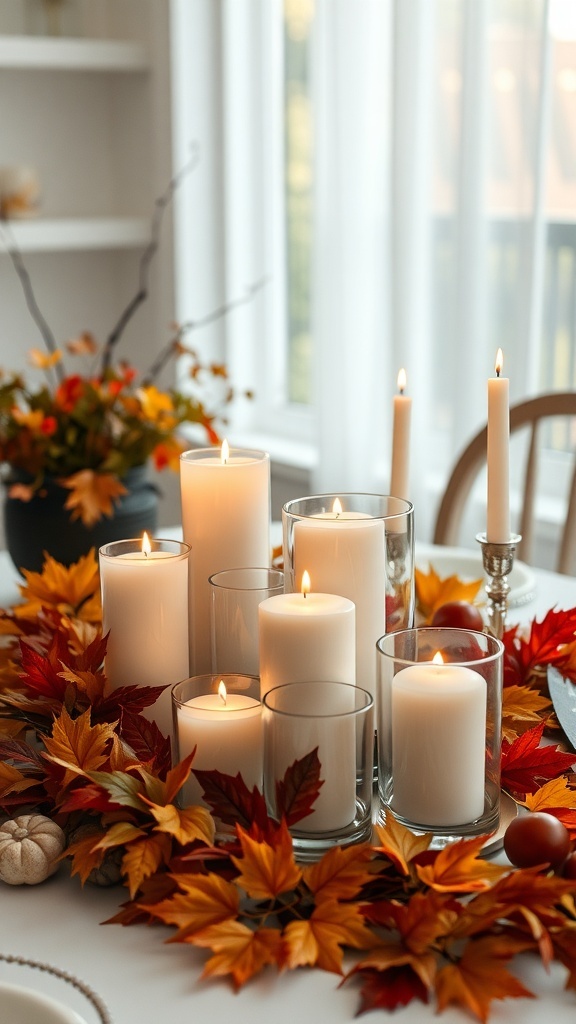 A cozy candle display with white candles and autumn leaves on a table