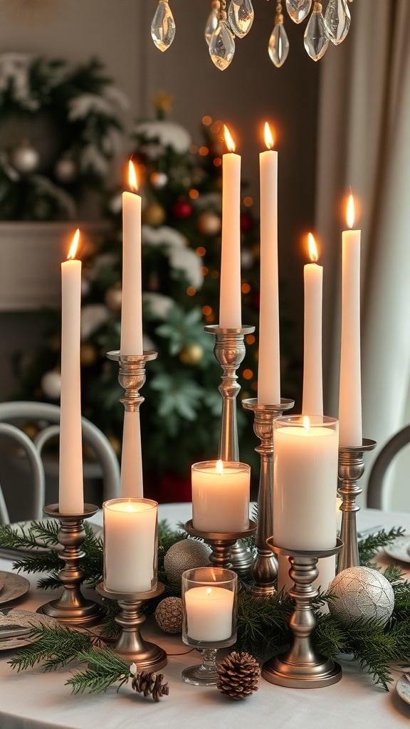 A beautiful arrangement of candles in various heights on a table, surrounded by greenery and ornaments.