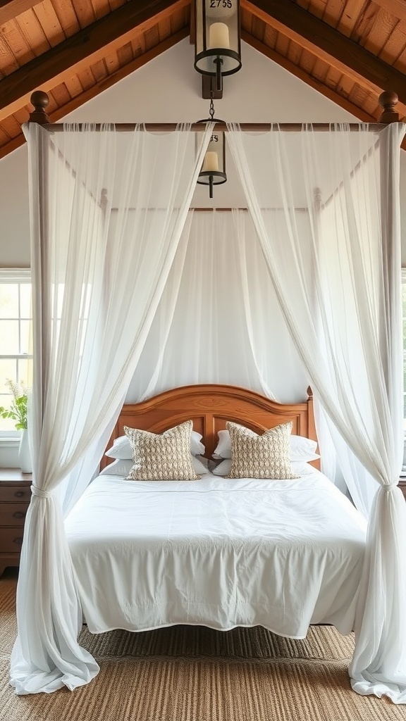 A cozy farmhouse bedroom featuring a canopy bed with soft drapes and decorative pillows.