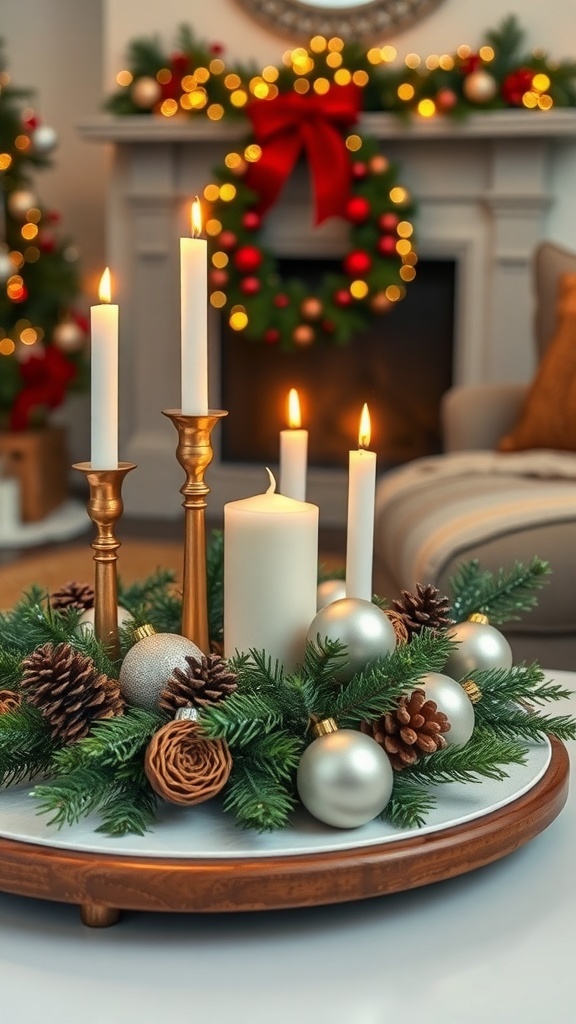 A cozy Christmas centerpiece featuring candles, pinecones, and ornaments on a coffee table.