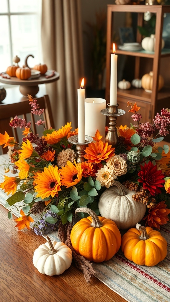A Thanksgiving dinner table centerpiece featuring sunflowers, pumpkins, and candles.