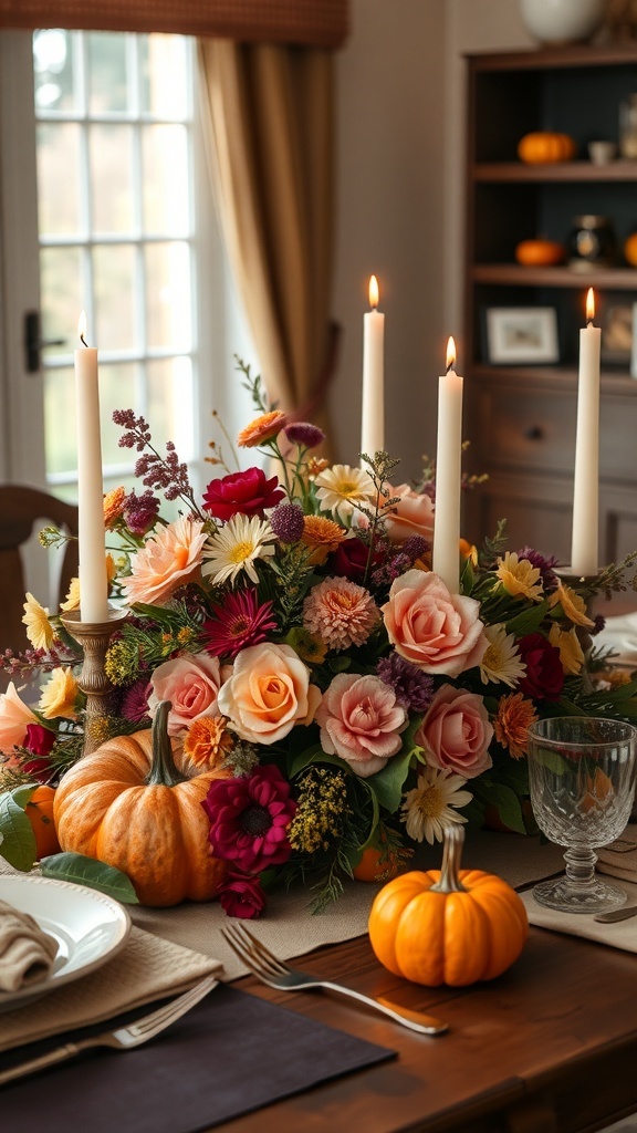 A Thanksgiving table centerpiece featuring colorful flowers, pumpkins, and candles.