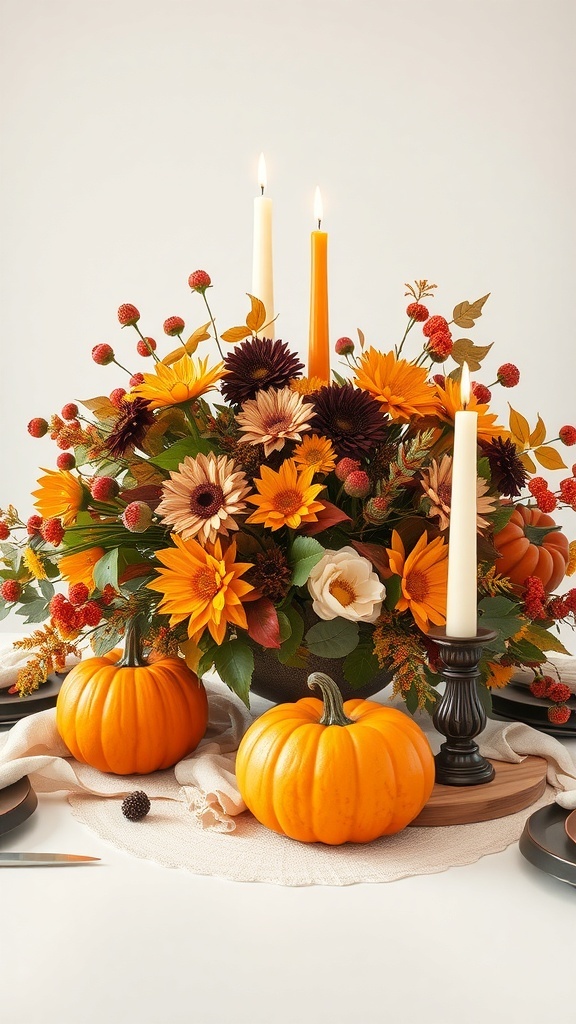 A colorful Thanksgiving centerpiece with flowers, pumpkins, and candles.